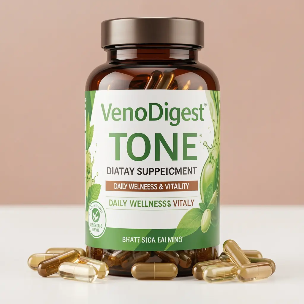 VenoDigest Tone dietary supplement bottle with capsules for daily wellness and vitality